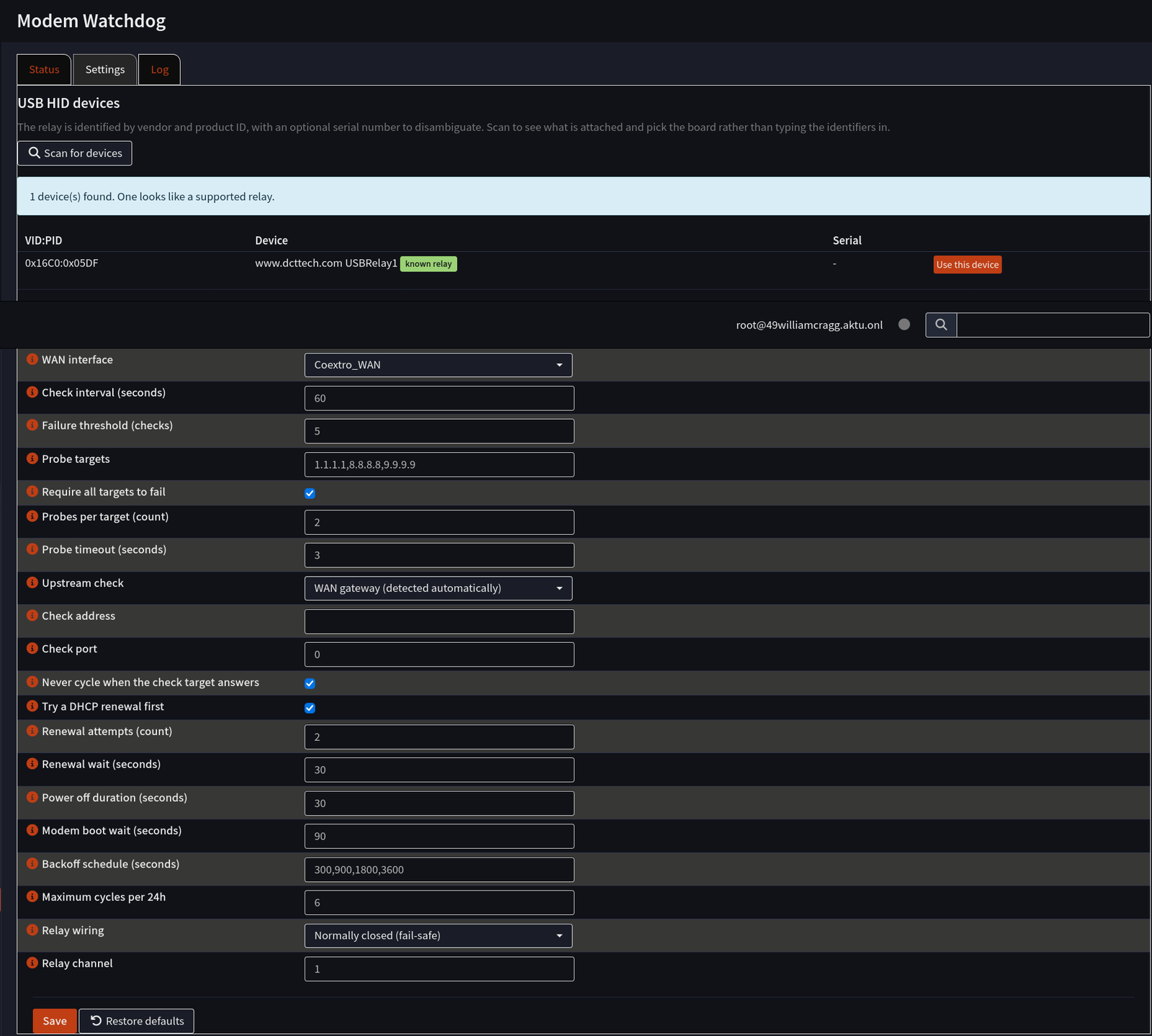 The Modem Watchdog service in the OPNsense Services page